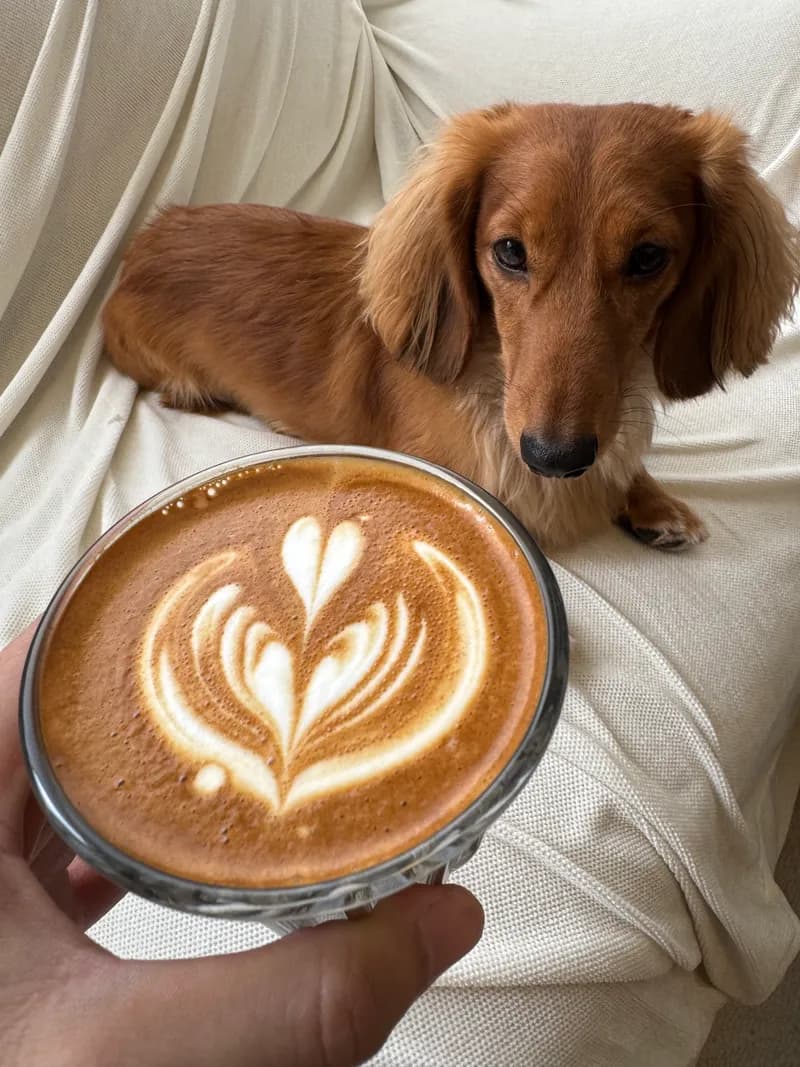 A flat white with rosetta art, held out over a very interested dachshund